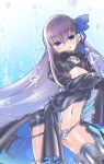  1girl :p bangs bikini bikini_bottom_only blue_eyes blush breasts bubble commentary fate/grand_order fate_(series) hair_ribbon long_coat long_hair looking_at_viewer meltryllis_(fate) mentaiko_mamire purple_hair ribbon sleeves_past_wrists small_breasts stomach swimsuit thighs tongue tongue_out 