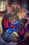  anthro asian_clothing breasts canid canine chest_tuft cleavage clothed clothing colored detailed_background east_asian_clothing female fox fully_clothed hi_res inside japanese_clothing kimono kiseru kneeling looking_at_viewer mammal medium_breasts purplelemons seiza shaded sitting smile smoking solo tuft 