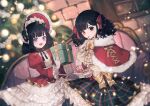  2girls :d absurdres akikawa_higurashi bangs black_eyes black_hair blueberry blunt_bangs blush bonnet bow bowtie brick_wall cake capelet christmas christmas_ornaments christmas_tree collet_(akikawa_higurashi) couch cream food fork frills fruit fur-trimmed_capelet fur_collar fur_trim hair_bow hair_ribbon hand_up heterochromia highres holding holding_fork holding_plate indoors juliet_sleeves light_particles lolita_fashion long_sleeves looking_at_viewer medium_hair multiple_girls neck_ribbon open_mouth original petticoat plaid plaid_skirt plate puffy_sleeves purple_eyes red_eyes ribbon sitting skirt smile strawberry striped striped_legwear swiss_roll tinsel twintails utensil_in_mouth wafer_stick wavy_hair window 