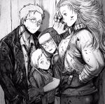  2boys 2girls :o arm_wrap backpack bag black_gloves blood blood_on_clothes blood_on_face blush boy_sandwich breast_press chain closed_mouth clothes_writing collared_shirt cross cross_earrings dorohedoro earrings ebisu_(dorohedoro) expressionless formal frown fujita_(dorohedoro) girl_sandwich glasses gloves greyscale hand_on_hip hand_on_wall hand_up hat height_difference highres inverted_cross jacket jewelry ki_(mxxxx) long_hair long_sleeves looking_at_another looking_at_viewer looking_away looking_back looking_down looking_up monochrome multiple_boys multiple_girls necktie nervous noi_(dorohedoro) sandwiched scythe shin_(dorohedoro) shirt short_hair short_sleeves sideways_glance stitched_fingers suit t-shirt track_suit turtleneck 