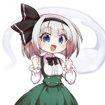  1girl black_bow black_bowtie black_hairband blue_eyes blush bob_cut bow bowtie breasts center_frills collar commentary_request frilled_collar frills futa_(nabezoko) hairband hitodama konpaku_youmu konpaku_youmu_(ghost) long_sleeves looking_at_viewer medium_breasts open_mouth short_hair simple_background solo touhou white_background 