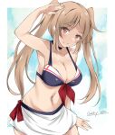  1girl adapted_costume bikini bikini_skirt black_bikini breasts brown_eyes cleavage commentary_request cowboy_shot front-tie_top gakky kantai_collection large_breasts light_brown_hair long_hair murasame_(kancolle) skirt smile solo standing swimsuit twintails white_skirt 