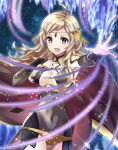  1girl armor bangs blonde_hair bodystocking breasts bridal_gauntlets cape circlet cleavage fire_emblem fire_emblem_fates grey_eyes hip_armor kakiko210 leather_armor long_hair looking_at_viewer magic medium_breasts open_mouth ophelia_(fire_emblem) panties pantyhose solo sparkle turtleneck underwear upper_body yellow_panties 