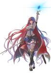 1girl alba armor blue_eyes blue_hair breasts cape dragonstone fire_emblem full_body gloves highres holding holding_sword holding_weapon long_hair looking_at_viewer multicolored_hair red_eyes red_hair scabbard sheath solo sword thigh_strap thighs tiara two-tone_hair very_long_hair weapon 