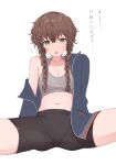  1girl amane_suzuha bike_shorts blue_jacket blush braid breasts brown_hair cleavage commentary_request green_eyes highres jacket kahlua_(artist) leaning_back looking_at_viewer medium_breasts midriff navel off_shoulder open_mouth short_hair_with_long_locks simple_background solo sports_bra spread_legs steins;gate sweatdrop thighs track_jacket translation_request twin_braids white_background 
