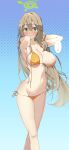  !? ... 1girl absurdres bangs bikini blue_archive blush breasts closed_mouth commentary green_eyes hair_between_eyes halo hands_in_hair harenchi highres large_breasts long_hair looking_at_viewer nipples nonomi_(blue_archive) nose_blush orange_bikini side-tie_bikini simple_background solo speech_bubble sweat swimsuit tears untied untied_bikini very_long_hair wardrobe_malfunction 