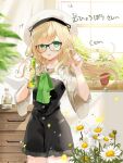  1girl blonde_hair chiemo_(xcem) commission dress flower glasses green_eyes hat long_hair looking_at_viewer open_mouth original skeb_commission smile solo sunlight vase very_long_hair vrchat window 