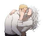  1boy 1girl absurdres blonde_hair blush collared_shirt couple cross dorohedoro dress_shirt ear_piercing earrings eye_contact face-to-face from_side glasses grey_hair hand_on_another&#039;s_back hand_on_another&#039;s_cheek hand_on_another&#039;s_face hand_on_another&#039;s_hip hand_up hetero highres hug inverted_cross jewelry ki_(mxxxx) leaning_forward leaning_on_person long_hair long_sleeves looking_at_another noi_(dorohedoro) nose_blush partially_unbuttoned piercing red_eyes shin_(dorohedoro) shirt short_hair simple_background upper_body white_background white_shirt 