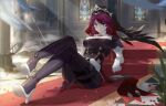  1girl absurdres black_legwear boots breasts church elbow_gloves genshin_impact gloves high_collar high_heel_boots high_heels highres indoors large_breasts linreplica looking_at_viewer nun puffy_sleeves purple_hair red_eyes rosaria_(genshin_impact) short_hair sitting soles solo tailcoat thigh_boots white_gloves 