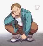  1boy blue_eyes blue_jacket brown_hair brown_pants cross-laced_footwear dorohedoro facial_mark full_body hand_on_own_cheek hand_on_own_face hand_up head_rest holding holding_knife holster holstered_weapon jacket ki_(mxxxx) knife looking_at_viewer male_focus pants pig shirt shoes short_hair solo squatting throwing_knife ton_(dorohedoro) weapon white_background white_footwear white_shirt 