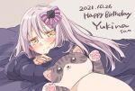  1girl bang_dream! blush bow character_name crossed_arms dated grey_hair hair_bow happy_birthday highres long_hair lying minato_yukina on_stomach sketch smile solo stuffed_animal stuffed_cat stuffed_toy upper_body yellow_eyes zawameki 