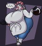  absurd_res anthro apron beverage beware_the_shadowcatcher big_breasts blue_bottomwear blue_clothing blue_jeans blue_pants bottomwear bovid breasts caprine clothed clothing coffee coffee_pot colored_nails curlers denim denim_clothing dialogue ear_piercing eyelashes eyewear female footwear fur glasses grey_background grey_body grey_eyes grey_fur grey_hair hair hi_res holding_object huge_breasts jeans mammal maude_(bts) nails open_mouth pants piercing red_nails sandals sheep simple_background solo someth1ngoranother spatula speech_bubble text thick_thighs tools wide_hips 