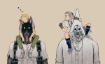  1girl 3boys black_legwear blank_eyes blonde_hair brown_background cable candy carrying dog dorohedoro duston food furry gas_mask gloves green_pants grey_gloves grey_hair grey_shirt guragura hair_ribbon half_updo head_on_head head_rest highres holding holding_food hood hood_up ki_(mxxxx) knee_up kneehighs licking lollipop long_hair mask multiple_boys neck_ribbon noi_(dorohedoro) open_mouth pants purple_footwear purple_ribbon red_eyes ribbon shin_(dorohedoro) shirt shoes shoulder_carry side-by-side simple_background size_difference sleeping sleeping_upright sneakers star_(symbol) stitched_arm stitched_fingers swirl_lollipop toned toned_male tongue tongue_out torn_clothes torn_sleeves white_footwear white_shirt younger zzz 