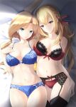  2girls azur_lane bed blue_bra blue_panties bra cowboy_shot earrings from_above garter_belt garter_straps highres hood_(azur_lane) jewelry king_george_v_(azur_lane) lingerie lying manjuu_(azur_lane) mimelex multiple_girls on_back on_bed panties red_panties thighhighs thighs two-tone_bra underwear 