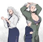  1girl :o arms_behind_head arms_up blue_jacket blue_necktie blue_skirt bra breasts buttoning cleavage collarbone collared_shirt cowboy_shot cross dorohedoro dressing ear_piercing earrings formal grey_hair hair_bun hair_tie half-closed_eyes hands_up highres inverted_cross jacket jewelry jumpsuit ki_(mxxxx) large_breasts long_hair long_sleeves looking_at_viewer multiple_views necktie noi_(dorohedoro) partially_unzipped pencil_skirt piercing profile red_eyes shirt side_slit single_hair_bun skirt skirt_suit star_(symbol) suit tying_hair underwear updo white_background white_shirt zipper 