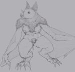  anthro areola barely_visible_genitalia barely_visible_pussy biped breasts chiropteran claws female genitals hand_on_ground hi_res long_arms mammal membrane_(anatomy) membranous_wings neck_tuft nipples paws pubes pussy sketch solo thick_thighs tuft wide_hips wings zerperay 