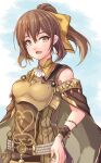  1girl armor bare_shoulders bow bracelet breastplate brown_cape brown_dress brown_eyes brown_hair cape delthea_(fire_emblem) dress fang fire_emblem fire_emblem_echoes:_shadows_of_valentia fire_emblem_heroes fuussu_(21-kazin) hair_bow jewelry light_blush long_hair looking_at_viewer open_mouth ponytail sky smile solo striped striped_dress vertical-striped_dress vertical_stripes 