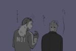  1boy 1girl :d arm_wrap clothes_writing confused dorohedoro earrings facing_away flying_sweatdrops formal from_behind gloves hand_up jacket jewelry ki_(mxxxx) long_hair long_sleeves looking_at_another mask mask_on_head monochrome noi_(dorohedoro) pointing pointing_at_self purple_background shin_(dorohedoro) simple_background smile suit tears track_suit translation_request upper_body 