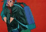  1boy 1girl arm_on_shoulder backpack bag bangs black_eyes black_shirt bleeding blood blood_from_mouth blood_on_clothes blood_on_face cuts death deep_wound dorohedoro ebisu_(dorohedoro) empty_eyes from_side fujita_(dorohedoro) gloves hand_on_another&#039;s_back hand_on_another&#039;s_head hat highres hug injury iwamushi long_sleeves nosebleed outstretched_arm purple_hair red_background shirt short_hair short_sleeves shorts simple_background t-shirt turtleneck 