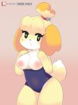  animal_crossing anthro blonde_hair breasts canid canine canis clothing domestic_dog female fur hair hi_res isabelle_(animal_crossing) mammal nintendo one-piece_swimsuit onigiri_punch shih_tzu solo swimwear toy_dog video_games yellow_body yellow_fur 