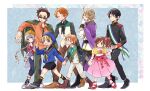  1girl 6+boys ahoge alternate_costume axis_powers_hetalia beret black_hair black_sailor_collar braid brown_hair cape closed_eyes female_child grey_hair hat highres holding_hands hutt_river_(hetalia) jacket jacket_on_shoulders kugelmugel_(hetalia) long_hair male_child molossia_(hetalia) multiple_boys nico_nico_republic orange_hair principality_of_seborga_(hetalia) principality_of_wy_(hetalia) sailor_collar sanitigo sash sealand_(hetalia) side_ponytail smile trait_connection twin_braids walking 