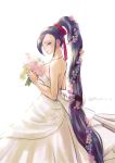  1girl bouquet bride chinyan commentary_request dragon_quest dragon_quest_xi dress flower hair_flower hair_ornament hair_ribbon high_ponytail highres holding holding_bouquet long_hair looking_at_viewer looking_back martina_(dq11) ponytail purple_eyes purple_hair red_ribbon ribbon simple_background sleeveless sleeveless_dress solo strapless strapless_dress twitter_username very_long_hair wedding_dress white_background white_dress 