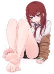  1girl bare_legs barefoot black_shorts blue_eyes blush brown_hair collared_shirt commentary commentary_request feet foot_focus foreshortening full_body highres jacket kahlua_(artist) long_hair makise_kurisu necktie off_shoulder pantyhose parted_lips red_necktie shirt short_shorts shorts simple_background sitting soles solo steins;gate sweat toes white_background white_shirt 