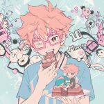  1boy balabling birthday_cake blue_background blue_shirt cake candle chibi chromatic_aberration collared_shirt eating food glasses haikyuu!! happy_birthday headphones hinata_shouyou holding holding_plate looking_at_viewer one_eye_closed orange_eyes orange_hair plate shirt short_hair smile sportswear upper_body volleyball volleyball_uniform 