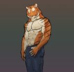  abs anthro biceps big_muscles biped bottomwear clothed clothing felid fur hi_res male mammal markings muscular muscular_anthro muscular_male nipples orange_body orange_fur pantherine pants pecs pose simple_background solo standing stripes tiger topless victory_clint white_body white_fur 