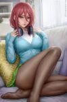  1girl bangs black_legwear blue_cardigan blue_eyes blue_sweater blush breasts cardigan closed_mouth collarbone commentary couch curtains english_commentary feet foot_out_of_frame go-toubun_no_hanayome green_skirt hair_between_eyes headphones headphones_around_neck large_breasts legs looking_at_viewer md5_mismatch miniskirt nakano_miku no_shoes pantyhose pillow sciamano240 shelf shirt sitting skirt sweater teeth thighs toes white_shirt window 