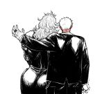  1boy 1girl arm_at_side ass blush clenched_hand cowboy_shot dorohedoro embarrassed facing_away from_behind full-face_blush grey_hair height_difference hetero highres imminent_hug jacket jewelry ki_(mxxxx) leaning_on_person leaning_to_the_side long_hair long_sleeves muscular muscular_female nervous noi_(dorohedoro) outstretched_arm pants ring shin_(dorohedoro) short_hair simple_background skin_tight spot_color stitched_fingers stitched_hand trembling 
