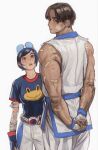  1boy 1girl bandaged_arm bandages bandaid blue_eyes blue_hair blue_shirt brown_hair dobok dougi eyewear_on_head fatal_fury frog highres kim_kaphwan martial_arts may_lee mossacannibalis round_eyewear shirt short_hair taekwondo the_king_of_fighters the_king_of_fighters_2001 the_king_of_fighters_2002 uniform 