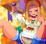  1girl 2019 :d absurdres amamiya_erena blonde_hair blue_shorts bow bow_hairband box bracelet choker dated dededeteiu denim denim_shorts eyelashes hair_bow hairband highres in_box in_container jewelry long_hair mole mole_under_eye open_mouth orange_bow orange_hairband precure purple_choker purple_eyes shiny shiny_hair shirt short_shorts shorts smile solo star_twinkle_precure white_shirt 