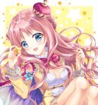  1girl :d atelier_(series) atelier_meruru bangs bare_legs blue_eyes blush breasts cleavage crown curly_hair dress floating_hair highres holding holding_hair long_hair long_sleeves looking_at_viewer merurulince_rede_arls mini_crown open_mouth pink_hair shiny shiny_hair shiny_skin shizuki_ayame short_dress small_breasts smile solo very_long_hair yellow_background yellow_dress 