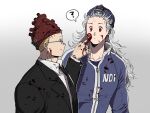  1boy 1girl ? black_jacket black_necktie blonde_hair blood blood_on_clothes blood_on_face blue_jacket clothes_writing collared_shirt dorohedoro earrings formal glasses gradient gradient_background grey_background grey_hair hand_up height_difference highres jacket jewelry ki_(mxxxx) long_hair long_sleeves looking_at_another mask mask_on_head necktie noi_(dorohedoro) painting_(action) profile red_eyes shin_(dorohedoro) shirt short_hair smile spoken_question_mark stitched_fingers stitched_hand suit surprised track_suit upper_body white_shirt zipper 