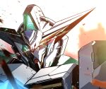  armor debris glowing glowing_eyes green_eyes gundam gundam_00 kuri_giepi lens_flare mecha mobile_suit no_humans reborns_gundam robot science_fiction v-fin 