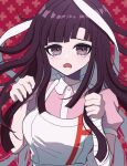  1girl apron artist_name bandaged_arm bandages bangs closed_eyes danganronpa_(series) danganronpa_2:_goodbye_despair long_hair looking_at_viewer messy_hair mikao_(eanv5385) mole mole_under_eye open_mouth pink_shirt puffy_short_sleeves puffy_sleeves red_background shiny shiny_hair shirt short_sleeves solo tearing_up tsumiki_mikan upper_body 