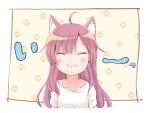  ahoge animal_ear_fluff animal_ears bangs baumkuchen_umai cat_ears closed_eyes collarbone earrings gradient_hair grimace grin indie_virtual_youtuber jewelry long_hair mikeneko_(utaite) multicolored_hair patterned_background paw_print pink_hair shirt simple_background smile t-shirt translation_request 