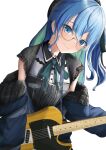  1girl aqua_hair bangs beret blue_eyes blue_hair blue_jacket breasts closed_mouth collared_shirt colored_inner_hair commentary_request crossed_bangs electric_guitar glasses green_ribbon grey_headwear grey_shirt guitar hair_between_eyes hat hololive hoshimachi_suisei instrument jacket kinuta_racoon lace_trim long_hair long_sleeves multicolored_hair neck_ribbon off_shoulder official_alternate_costume ribbon shiny shiny_hair shirt short_sleeves side_ponytail sidelocks simple_background small_breasts smile solo virtual_youtuber white_background 