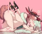  2girls animal_ear_fluff animal_ears ankle_boots arknights bare_shoulders bed_sheet black_footwear blue_eyes blush boots breasts brown_hair cat_ears cat_girl cat_tail collar ears_through_headwear french_kiss from_side fur_shawl futa_with_female futanari girl_on_top grey_hair hair_over_eyes hat_feather heidi_(arknights) high_heel_boots high_heels highres holding_another&#039;s_wrist kal&#039;tsit_(arknights) kiss legs_up long_hair lying medium_breasts motion_lines multiple_girls nude on_back on_bed pink_background red_headwear rikuguma shawl short_hair simple_background tail trembling 