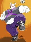  2022 5_fingers anthro ball belly belt_buckle big_muscles big_pecs bottomwear bulge clothing deadanthro exclamation_point exposed_belly fingers footwear fur grey_clothing grey_nose grey_shirt grey_topwear hair hi_res juggling male musclegut muscular muscular_anthro muscular_male navel nintendo on_one_leg open_mouth orange_background overweight overweight_anthro overweight_male pants pecs pink_tongue pok&eacute;mon pok&eacute;mon_(species) purple_belt purple_bottomwear purple_clothing purple_pants scorbunny shirt shoes signature simple_background soccer_ball solo standing thick_thighs tongue topwear video_games white_belly white_body white_fur white_hair white_hands 