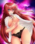  1girl artist_name bangs belly bikini bikini_bottom_only black_panties black_underwear blue_eyes blush breasts closed_mouth clothes_in_mouth clothes_lift commentary covered_nipples covering covering_breasts curvy demon_wings deviantart_username eyelashes hair_between_eyes high_school_dxd highres hip_focus holding huge_breasts k.g.fantasy kgfantasy lace large_breasts light_smile lingerie lips long_hair looking_at_viewer loose_clothes loose_shirt mature_female no_bra oversized_clothes oversized_shirt panties parted_lips patreon_username red_hair rias_gremory shirt short_sleeves shy signature smile solo standing swimsuit thick_thighs thighs topless twitter_username underwear very_long_hair watermark web_address white_shirt wide_hips wings 