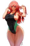  1girl black_swimsuit blue_eyes braid breasts clothes_writing cowboy_shot curvy groin highres holding holding_hair hong_meiling koyubi_(littlefinger1988) large_breasts long_hair looking_at_viewer one-piece_swimsuit red_eyes red_hair side_braids sideboob signature simple_background smile solo standing swimsuit thighhighs touhou twin_braids white_background 