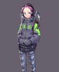  1girl armor backpack bag black_jacket cable character_name clothes_writing dorohedoro ebisu_(dorohedoro) feet_out_of_frame grey_background hands_in_pockets headphones highres jacket long_sleeves noe_yagyo pants puckered_lips purple_eyes purple_hair scythe short_hair simple_background skull_print solo weapon 