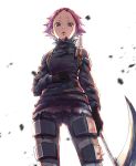  1girl arm_at_side armor backpack bag black_gloves breasts cowboy_shot debris dorohedoro ebisu_(dorohedoro) from_below gloves hand_on_own_stomach highres holding holding_scythe holding_weapon long_sleeves looking_at_viewer looking_down motion_blur noe_yagyo pants parted_lips purple_hair scythe shirt short_hair solo torn_clothes torn_shirt weapon white_background 