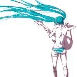  1girl aqua_hair aqua_panties bare_back breasts floating_hair from_behind guitar hatsune_miku holding holding_instrument instrument long_hair nadzomi_viro panties sideboob simple_background sketch solo spot_color striped striped_panties thighhighs topless twintails underwear very_long_hair vocaloid white_background white_legwear 