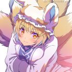  1girl animal_ears bangs blonde_hair blush breasts dress fox_ears fox_tail from_above hat kyuubi light_smile long_sleeves looking_at_viewer medium_breasts mob_cap multiple_tails pillow_hat shiroi_karasu short_hair simple_background solo tabard tail touhou white_background white_dress white_headwear wide_sleeves yakumo_ran yellow_eyes 