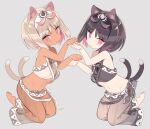  2girls animal_ears bangs bare_shoulders barefoot black_hair blade_(galaxist) breasts cat_ears cat_girl cat_tail character_request commentary_request dark-skinned_female dark_skin grey_background grey_hair highres kneeling multicolored_hair multiple_girls multiple_tails navel nekoyama_nae pants paw_pose pink_eyes pink_hair see-through short_eyebrows simple_background small_breasts soles tail thick_eyebrows toranoana two-tone_hair two_tails virtual_youtuber 