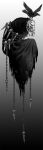  1boy 8_(eight) animal_on_head bird bird_on_head chain crow curse_(dorohedoro) dorohedoro extra_eyes floating full_body gradient gradient_background greyscale highres knife monochrome nail on_head restrained robe skull torn_clothes weapon 