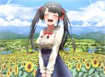  1girl :d bangs black_hair blue_skirt blush breasts closed_eyes cloud day facing_viewer field flower flower_field frilled_shirt_collar frills hair_ribbon highres hololive large_breasts long_hair long_sleeves oozora_subaru outdoors pepushi_drow plaid plaid_skirt red_ribbon ribbon shirt skirt sky smile solo sunflower twintails v_arms virtual_youtuber white_shirt 